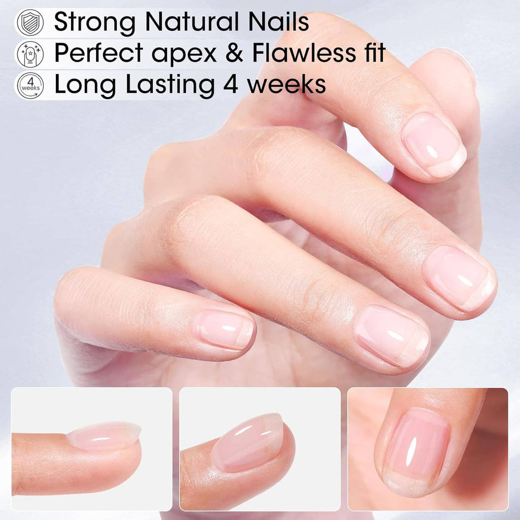 Builder gel on nude pink nails with smooth glossy apex and long-lasting look