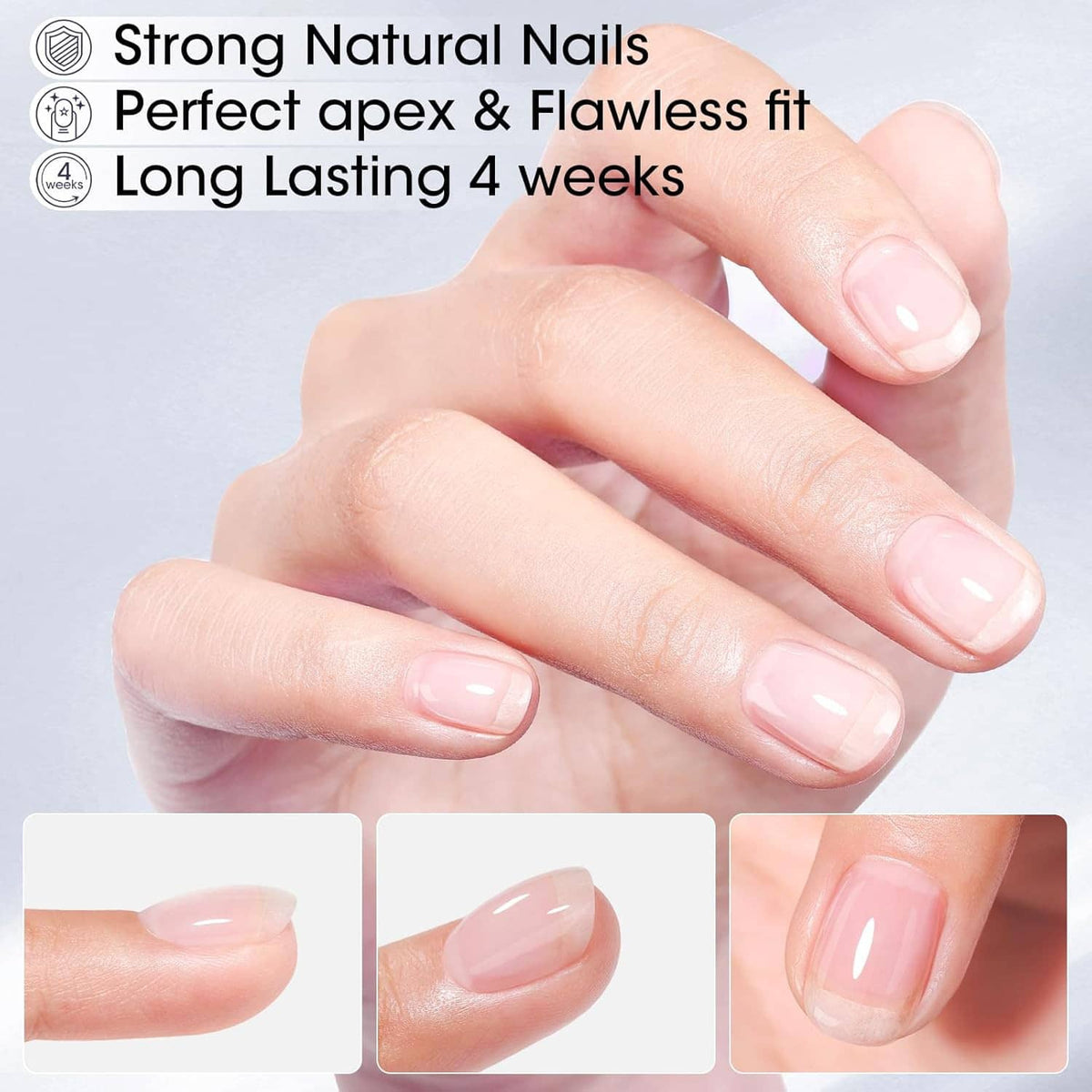 Builder gel on nude pink nails with smooth glossy apex and long-lasting look