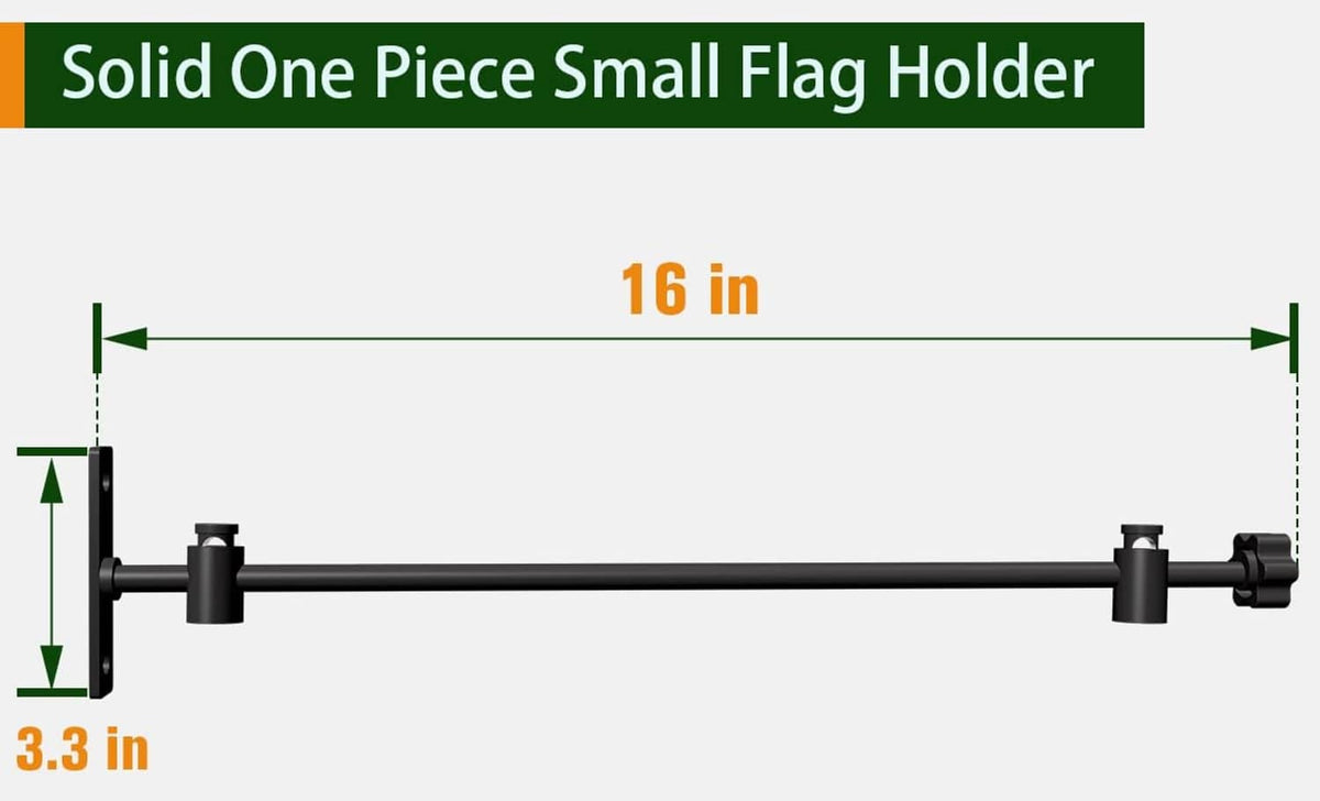 Black metal small flag holder stand with length dimensions, 16 in bar