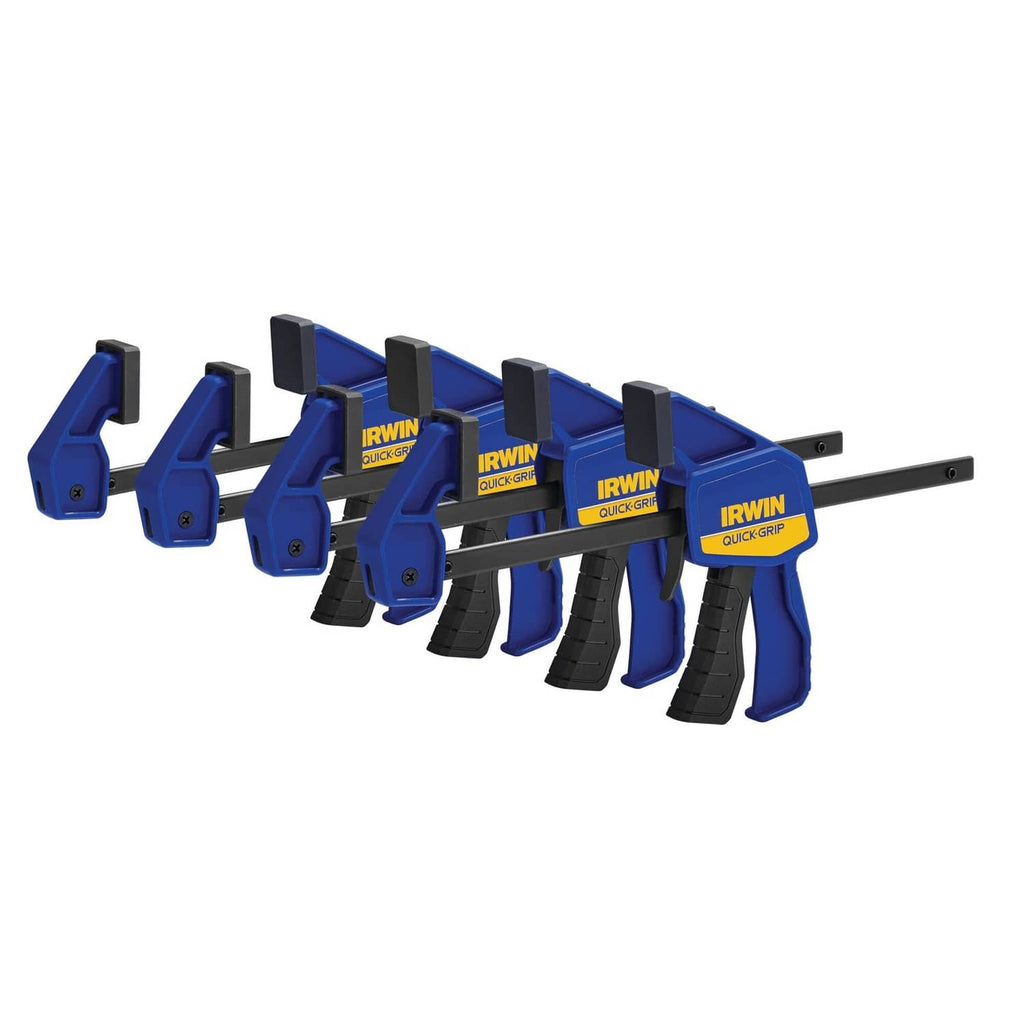 Blue one-handed mini bar clamps, 4-pack with black bars