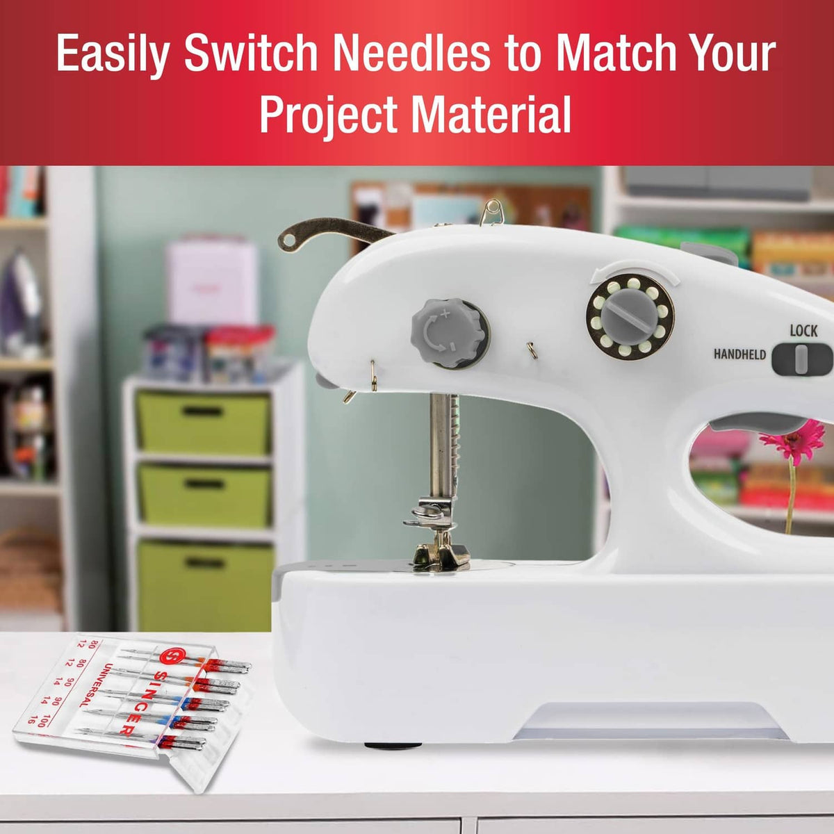 White handheld cordless mending machine with dial settings and needle area