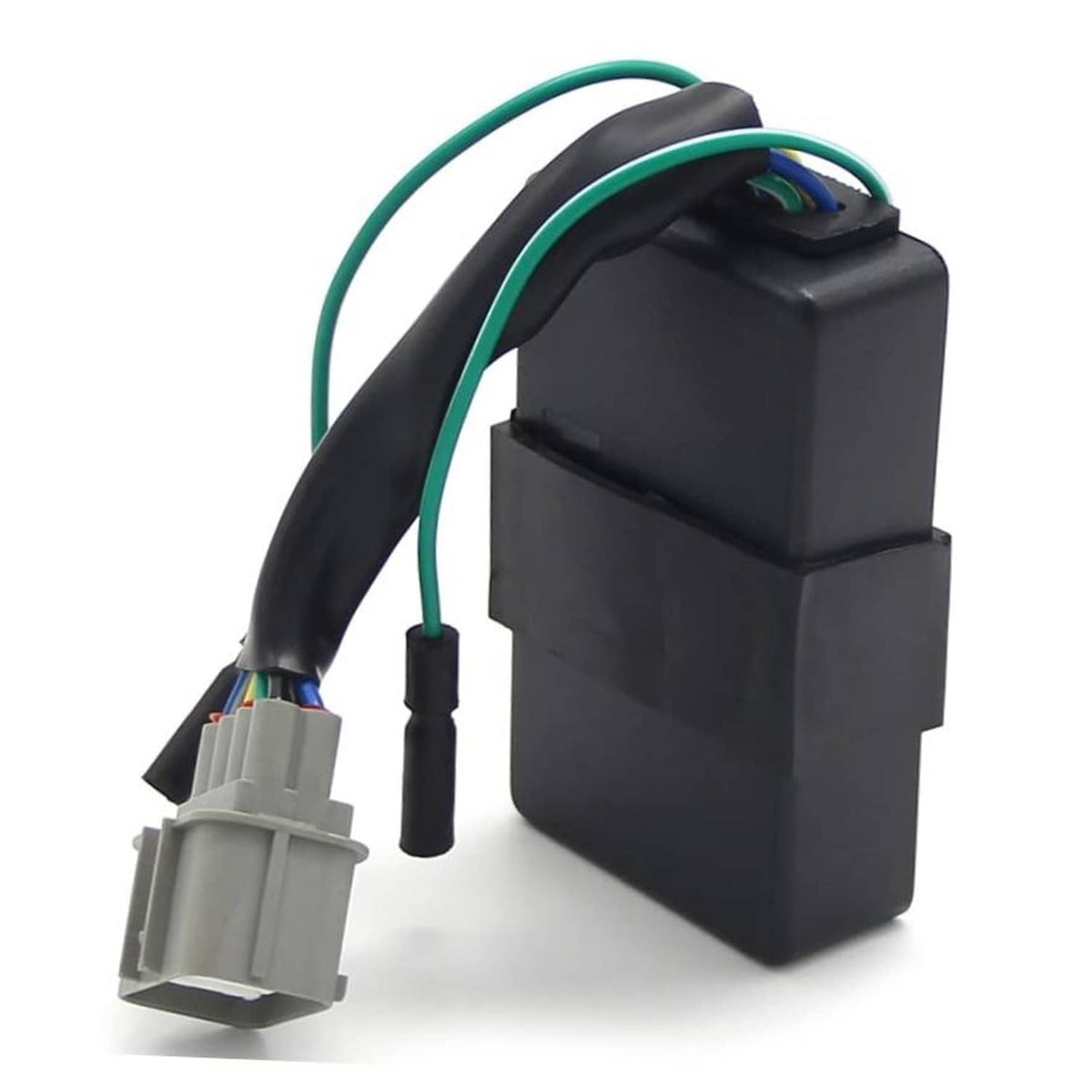 CDI ignition control module with green wiring and gray plug connector, black housing.