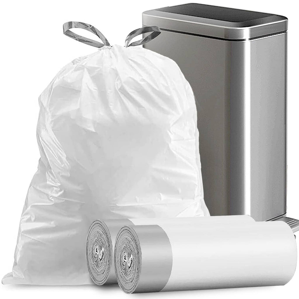 White drawstring trash bags with rolled refills and two matching bag tie handles