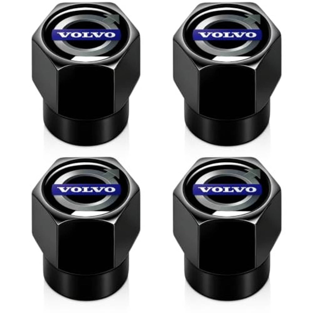 Black hex tire valve stem cap set with blue Volvo logo, glossy top