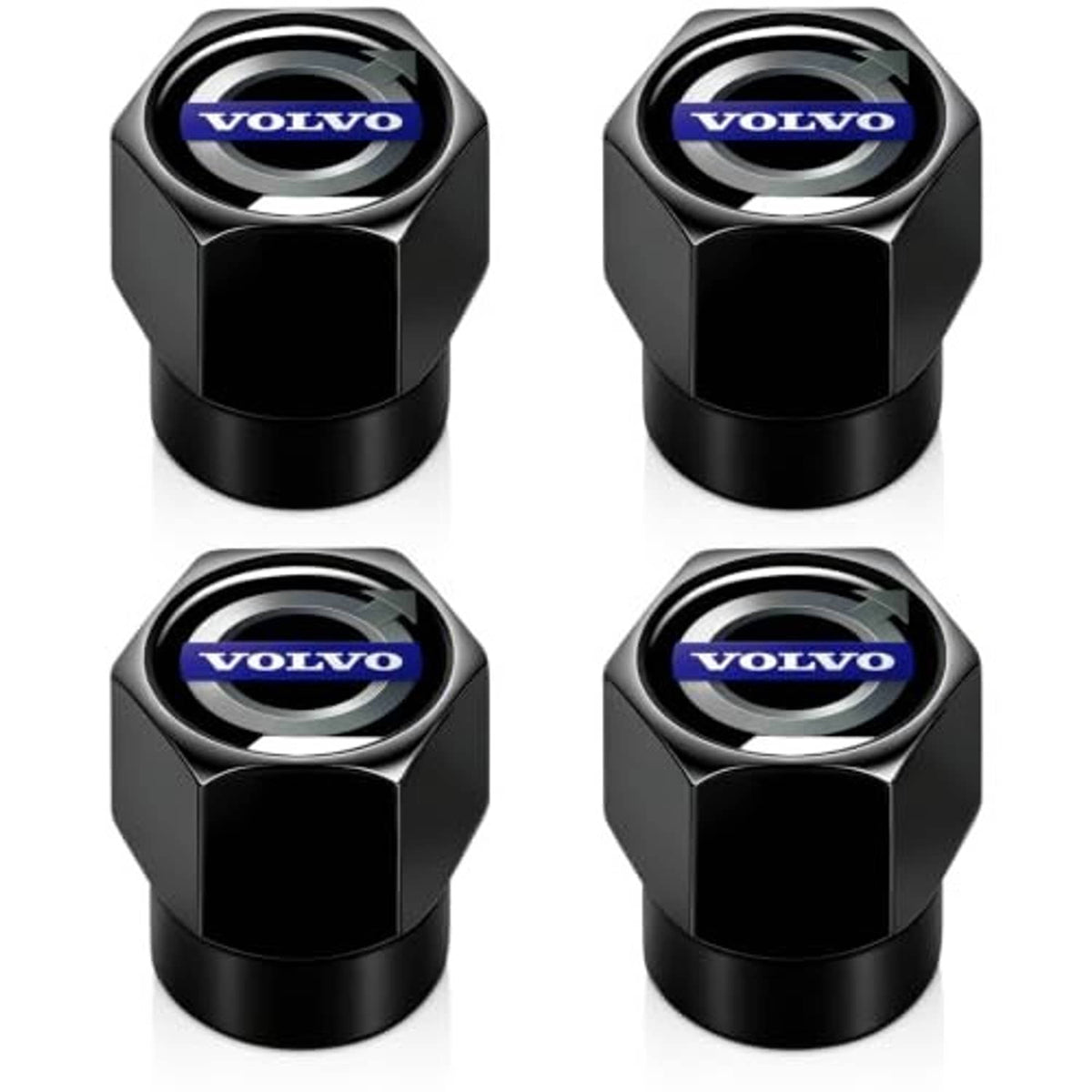 Black hex tire valve stem cap set with blue Volvo logo, glossy top