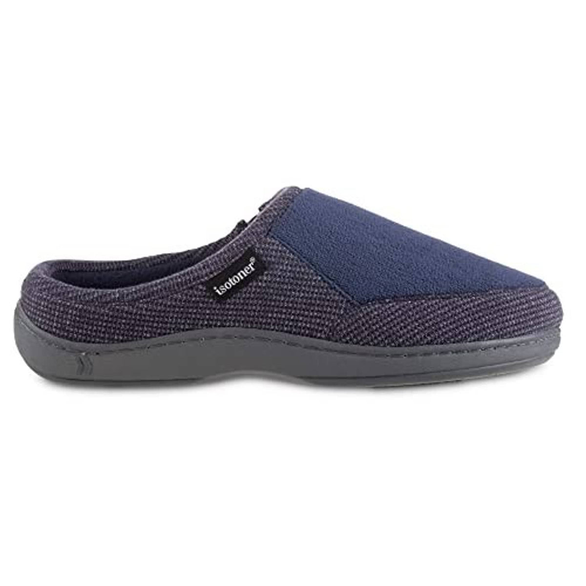 Men's navy slip-on slipper with textured upper and gray EVA sole