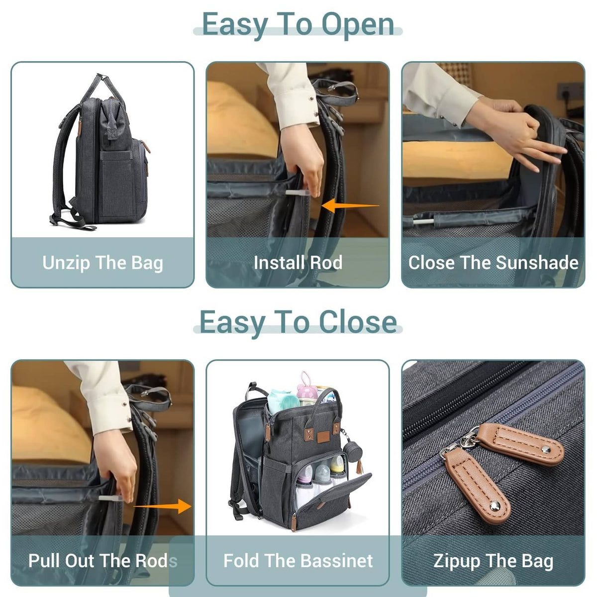 Grey diaper bag backpack showing open and close steps with rods and shade