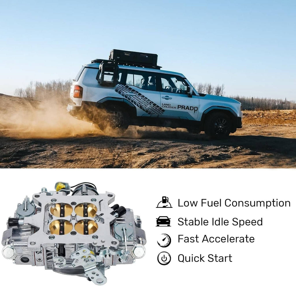 4-barrel double pumper carburetor shown with off-road vehicle dust scene