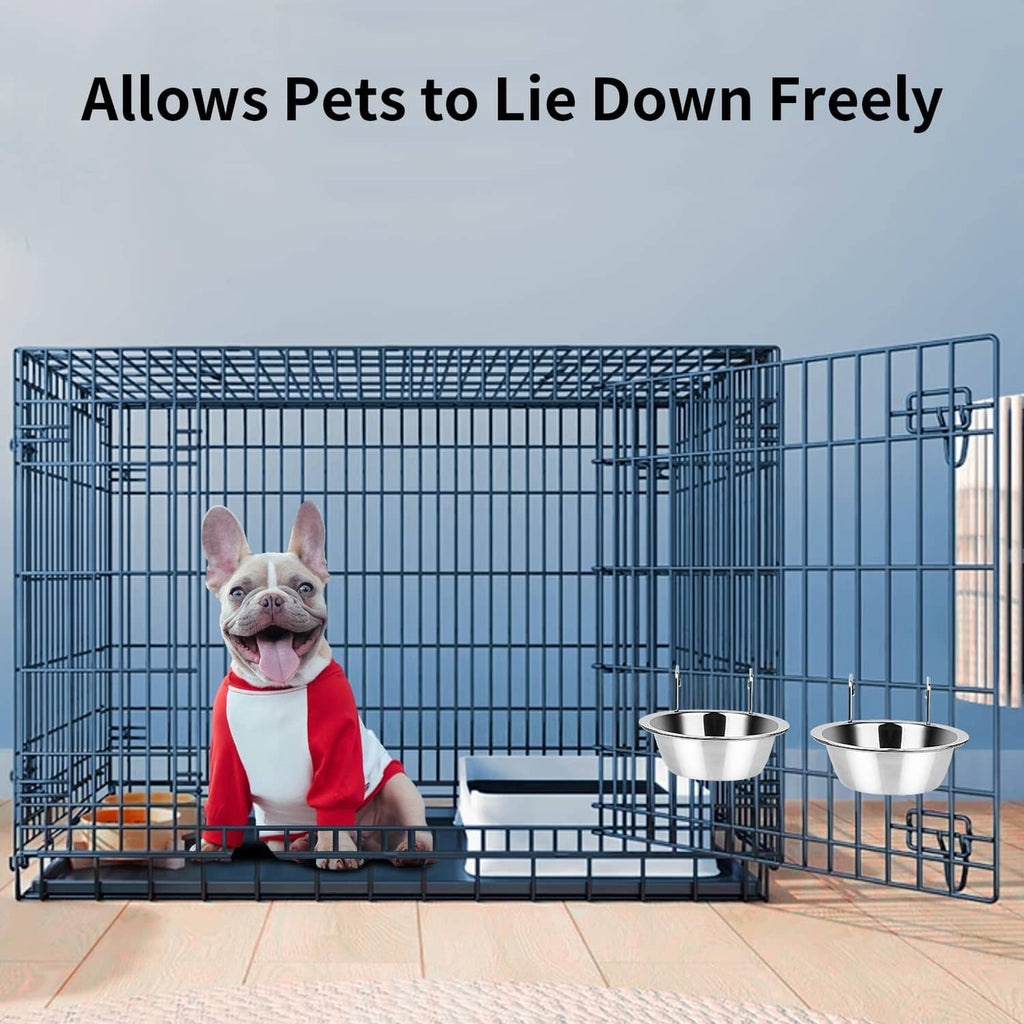 Stainless steel hanging bowls mounted inside a pet kennel with a small dog