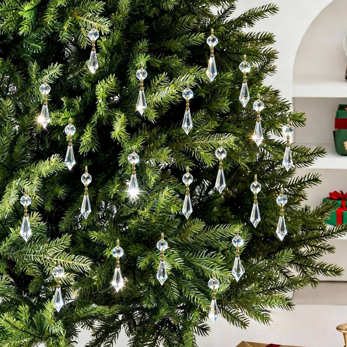 Christmas tree dangling crystal drop connectors with gold caps and clear prisms