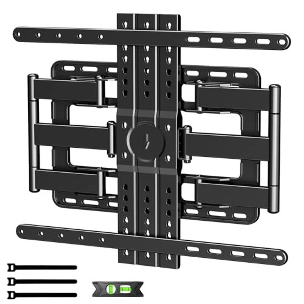 Ultra-slim black TV wall mount bracket with hinge arms and VESA-style mounting rails