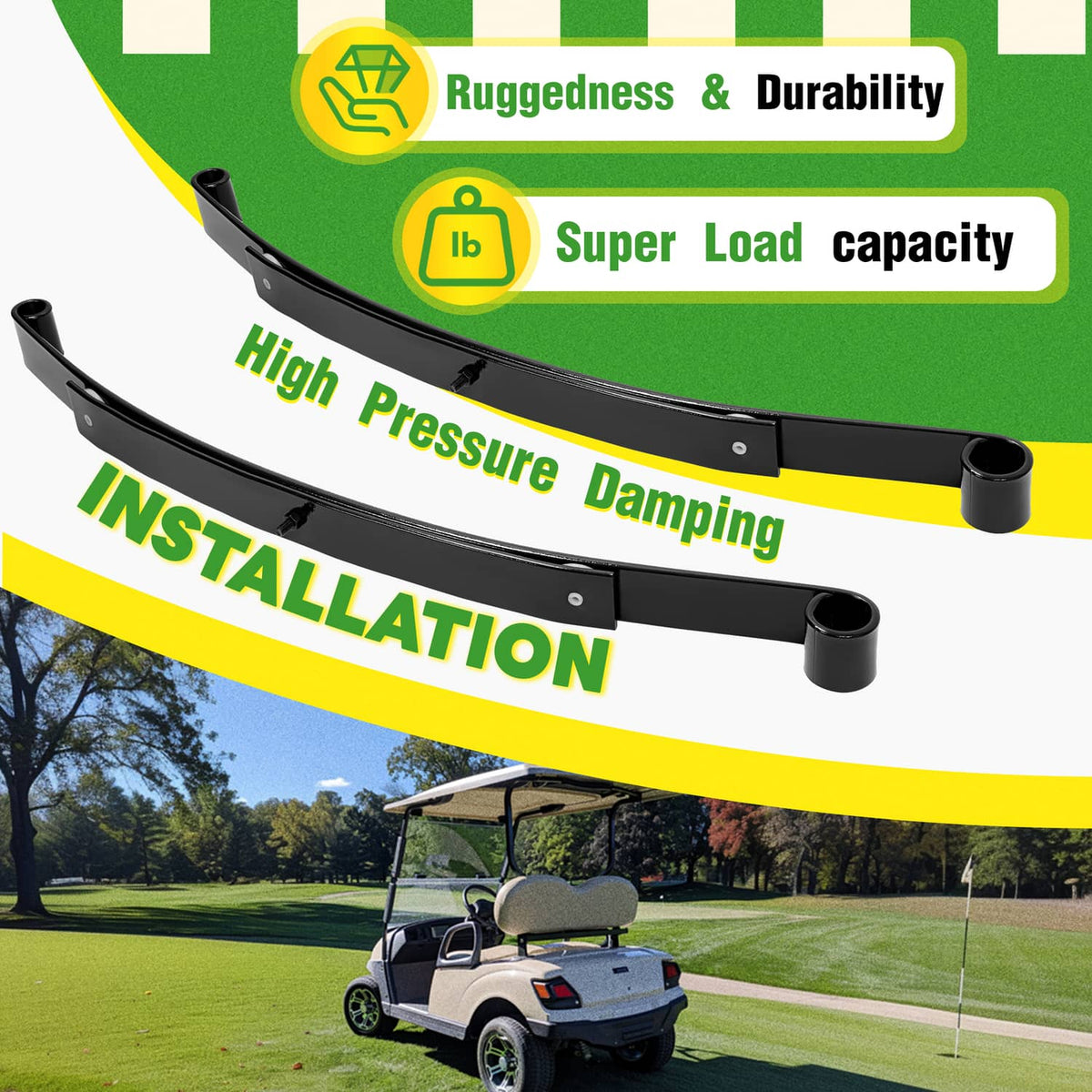 Two black rear leaf springs with bushing ends and mounting hardware included