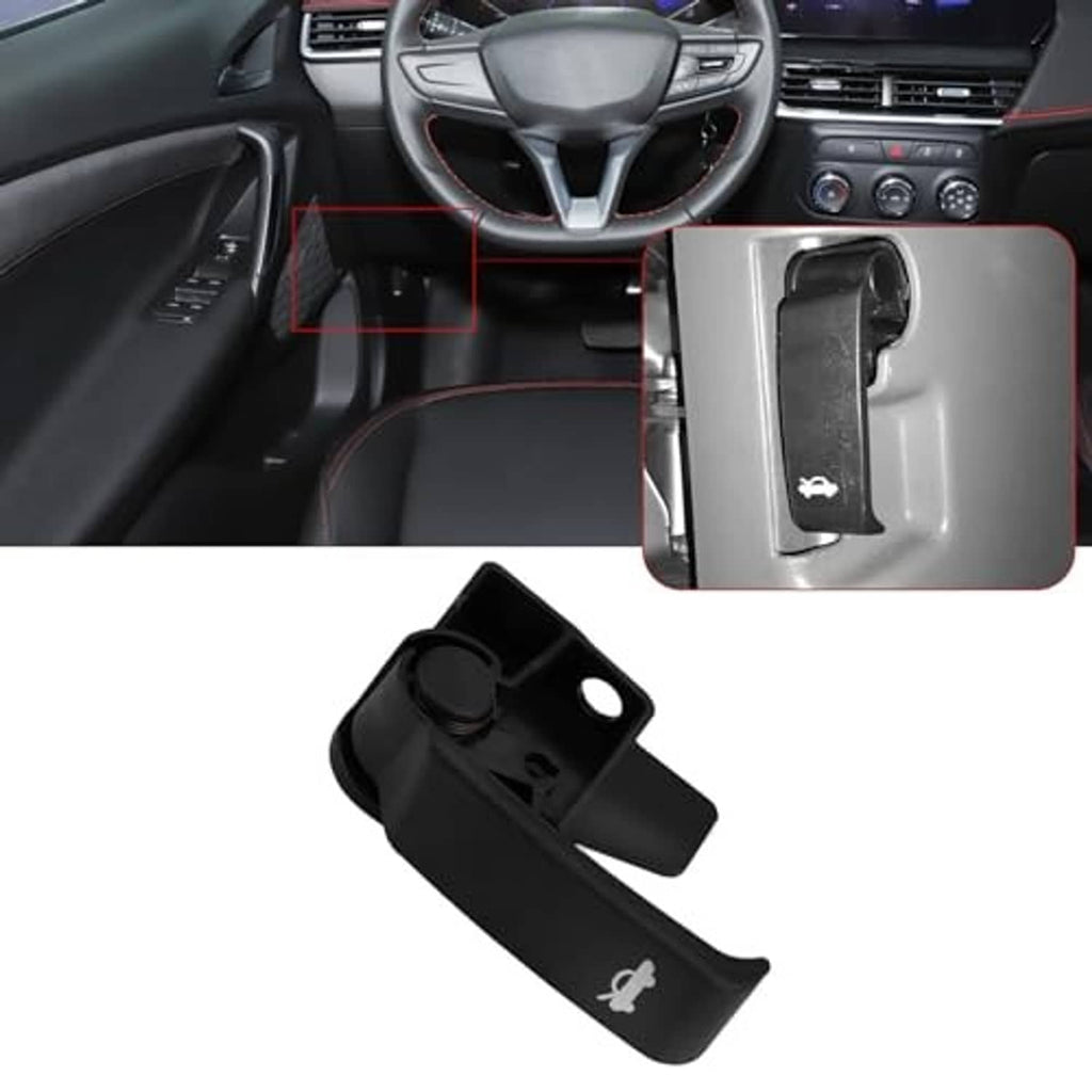 Black hood release pull handle with molded hood icon, front and angled views