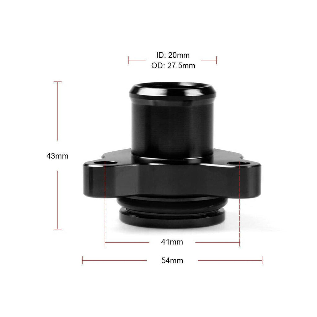 Black coolant water hose fitting, side view with mounting base and outlet