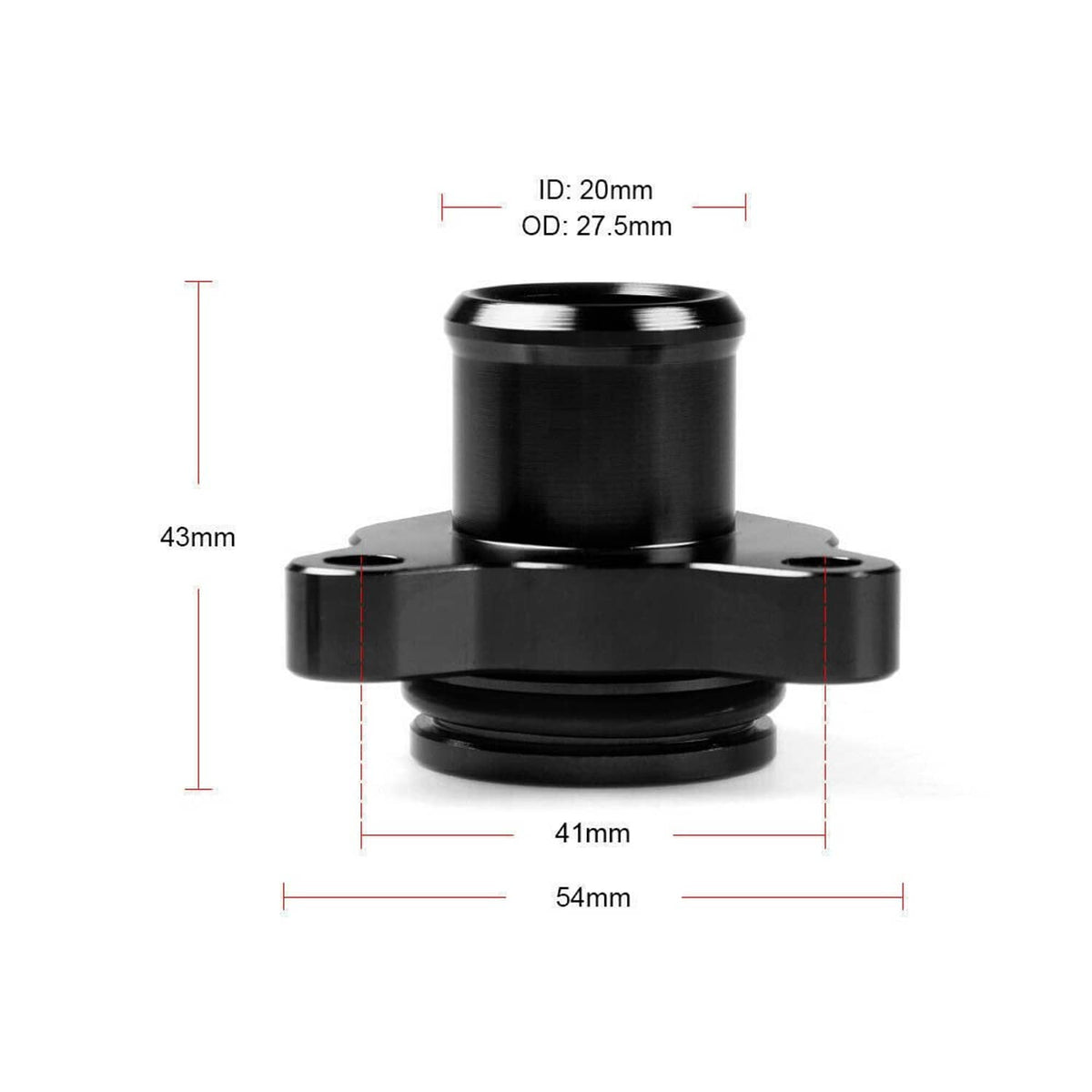 Black coolant water hose fitting, side view with mounting base and outlet