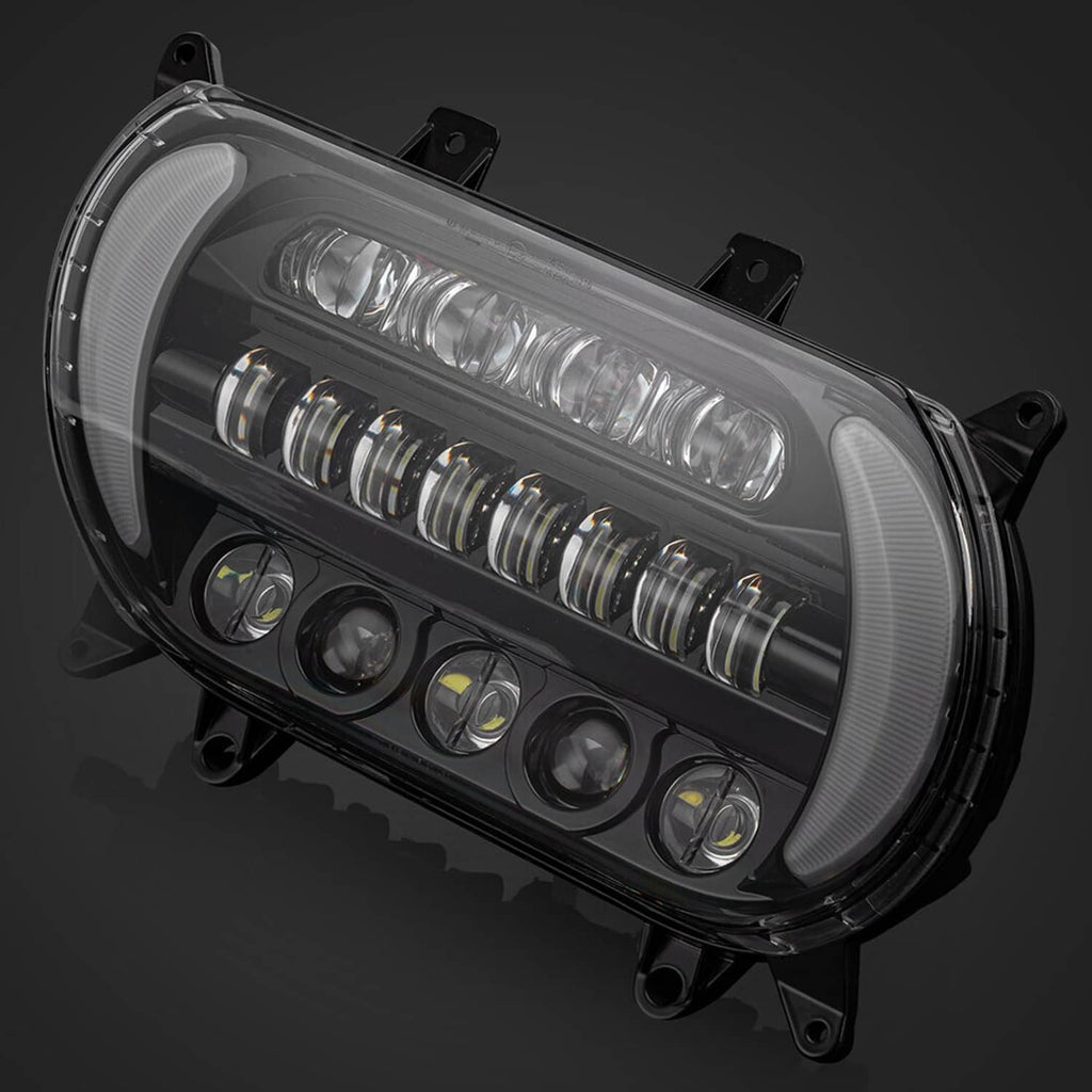 Side view of LED headlight with multi-lens DRL strip and turn signal bulbs