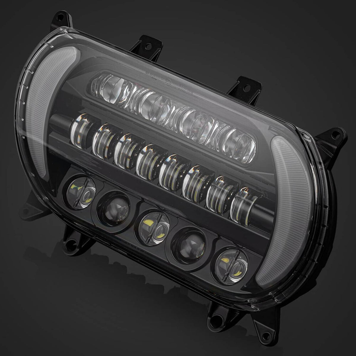 Side view of LED headlight with multi-lens DRL strip and turn signal bulbs