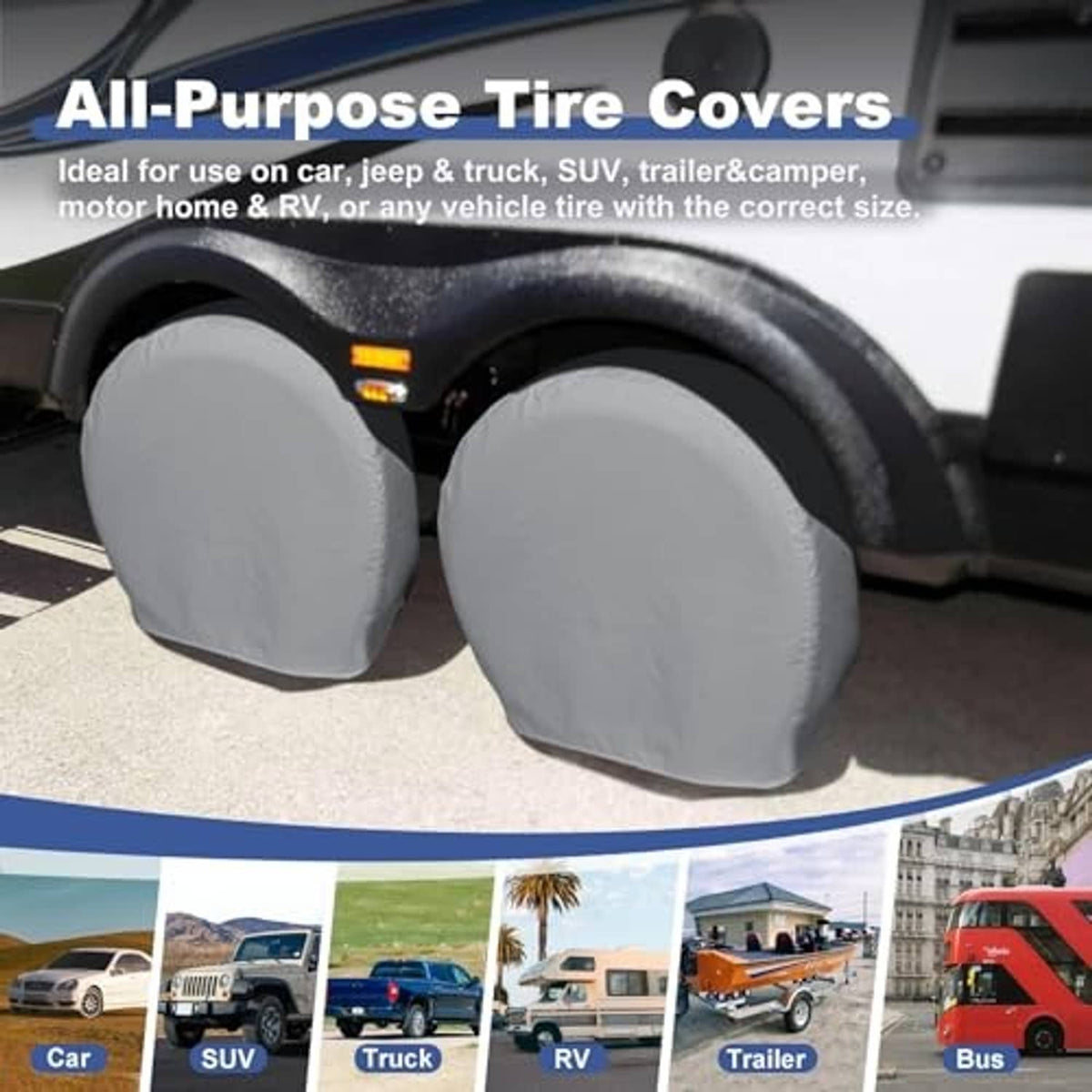 Two gray tire covers fitted over vehicle tires for protective wheel coverage