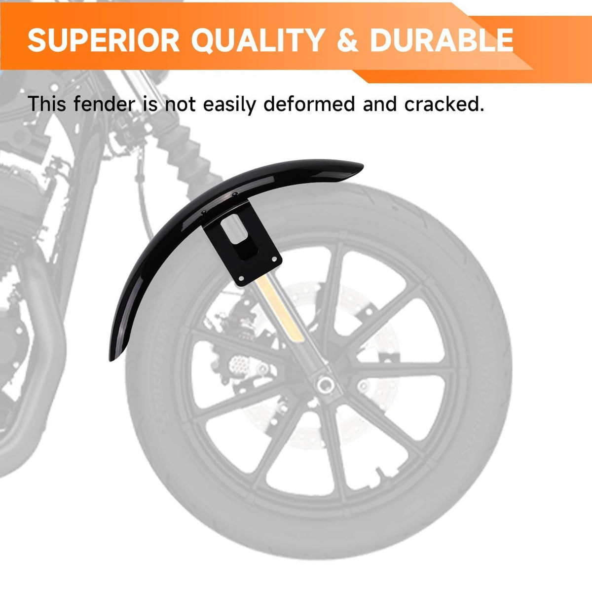 Black front fender mudguard cover with a mounted bracket and curved glossy shape.