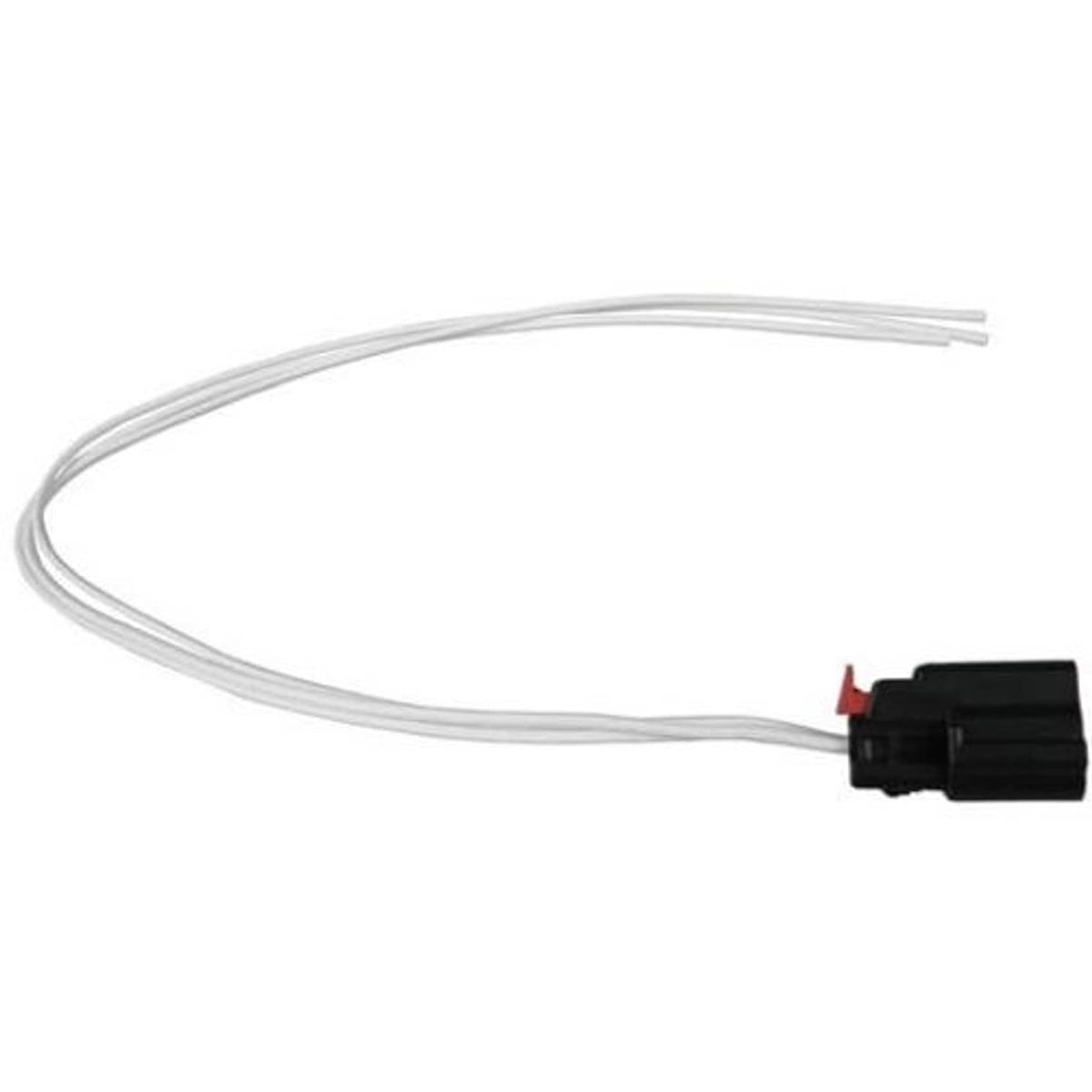 Wire harness pigtail connector with black housing, red latch, and two white wires