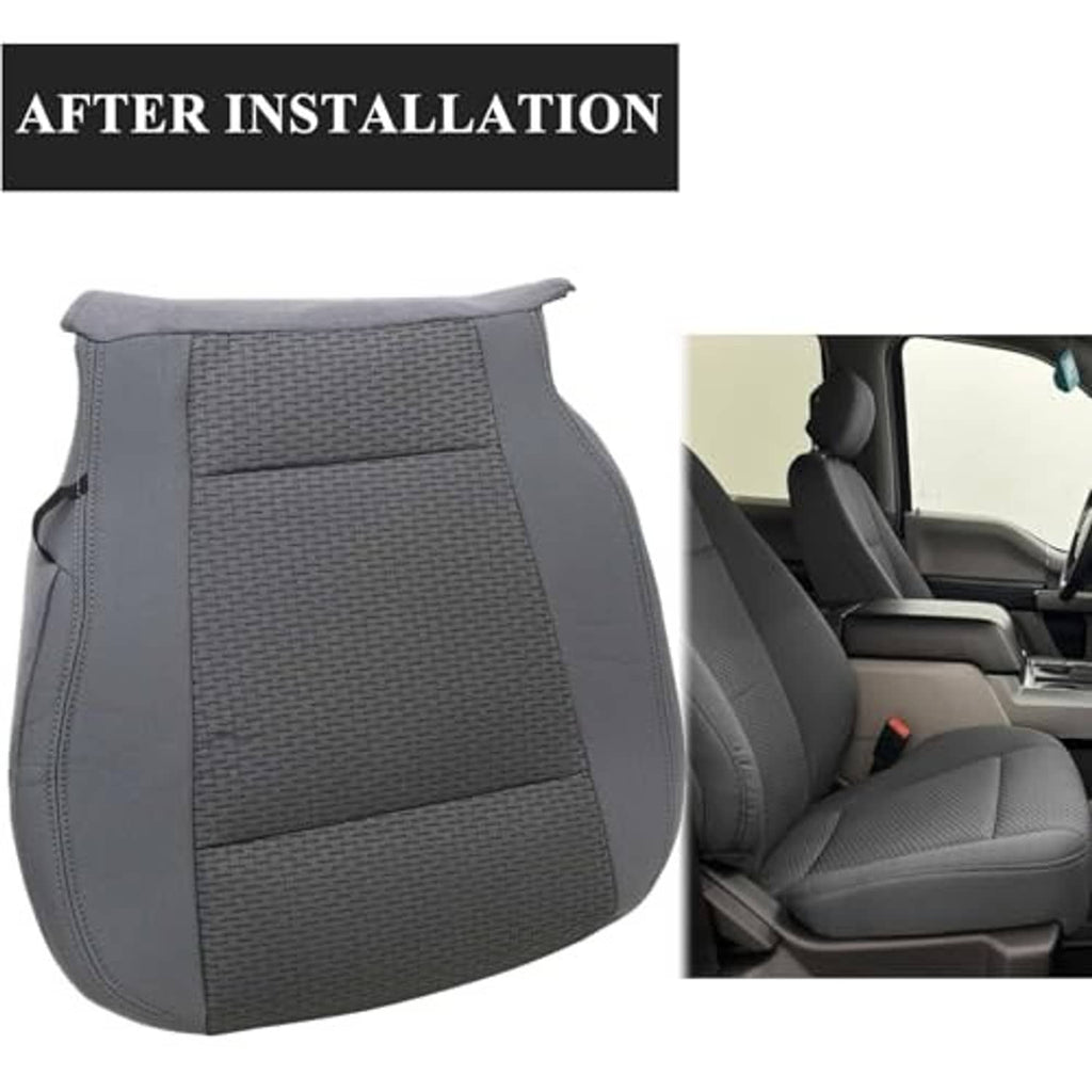 Gray cloth front driver seat bottom replacement cover after installation