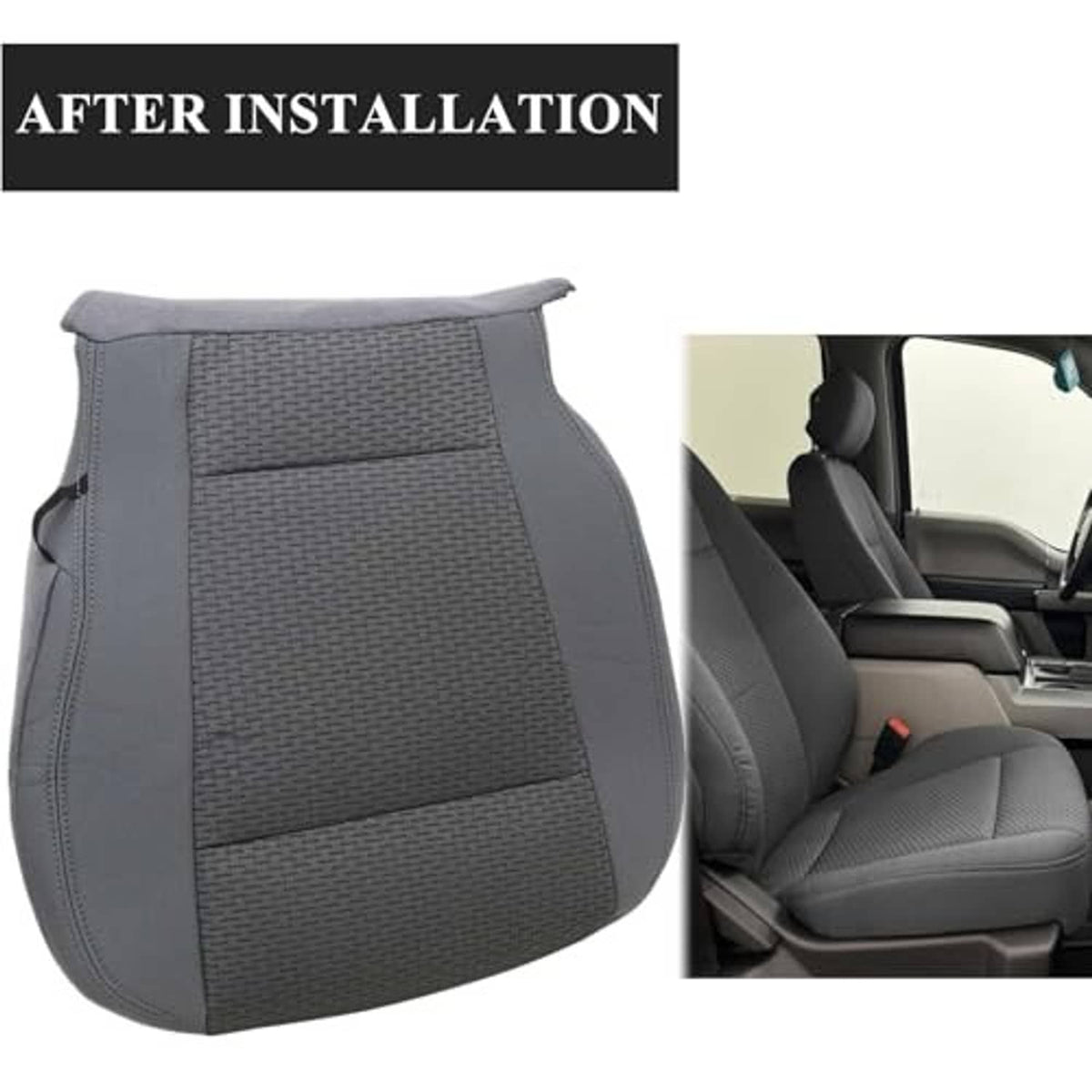 Gray cloth front driver seat bottom replacement cover after installation