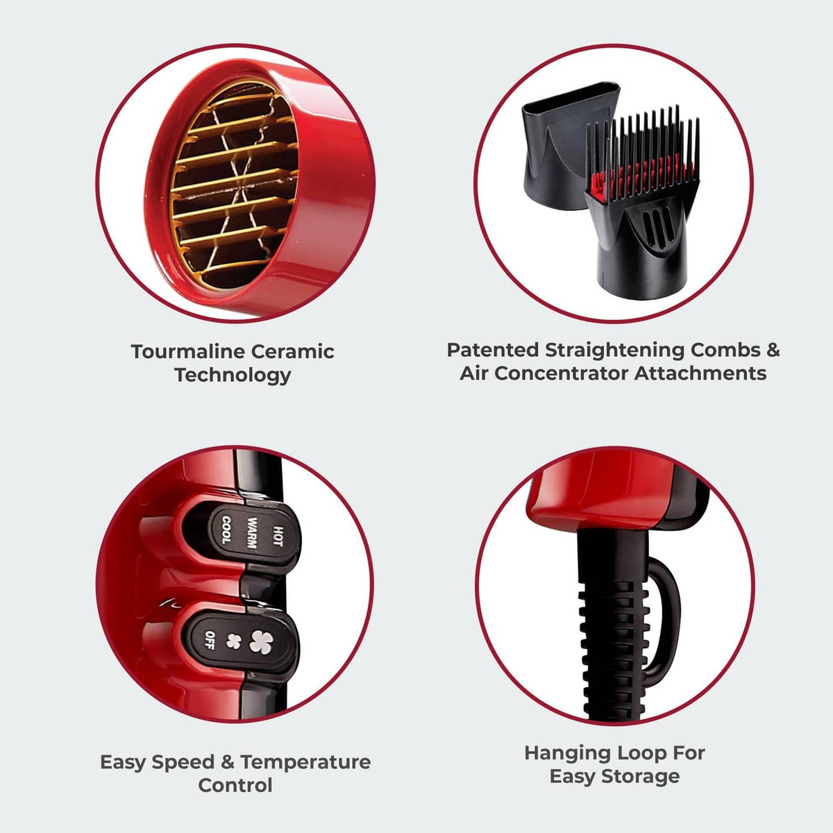 Hair dryer attachment closeups: tourmaline ceramic vent, straightening comb, and controls
