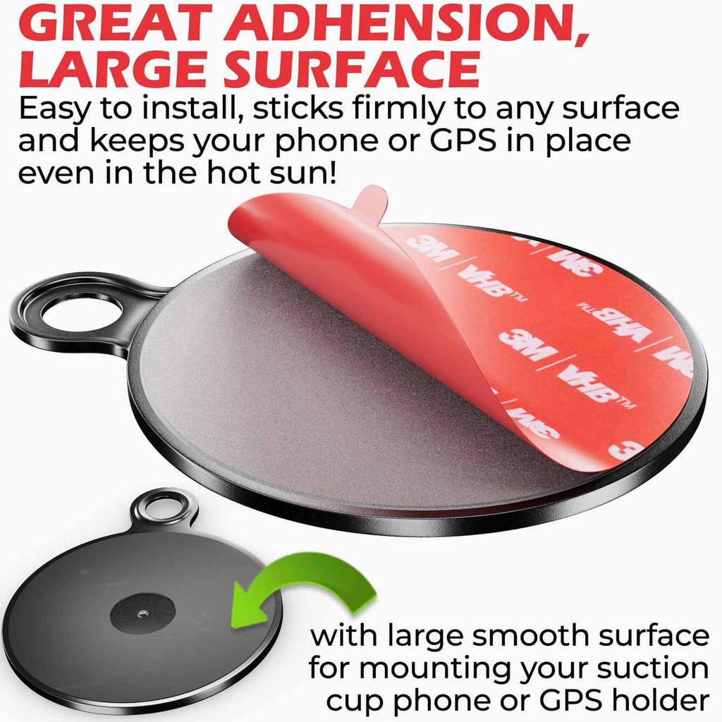 Dashboard suction-mount adhesive disk with red liner, round with black rim and loop handle.