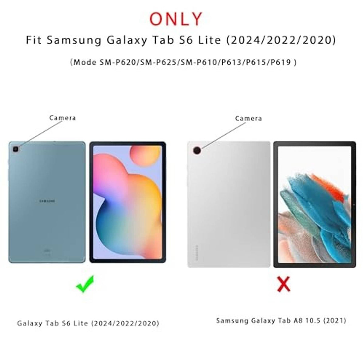 Galaxy Tab S6 Lite keyboard case fit guide showing compatible and incompatible models