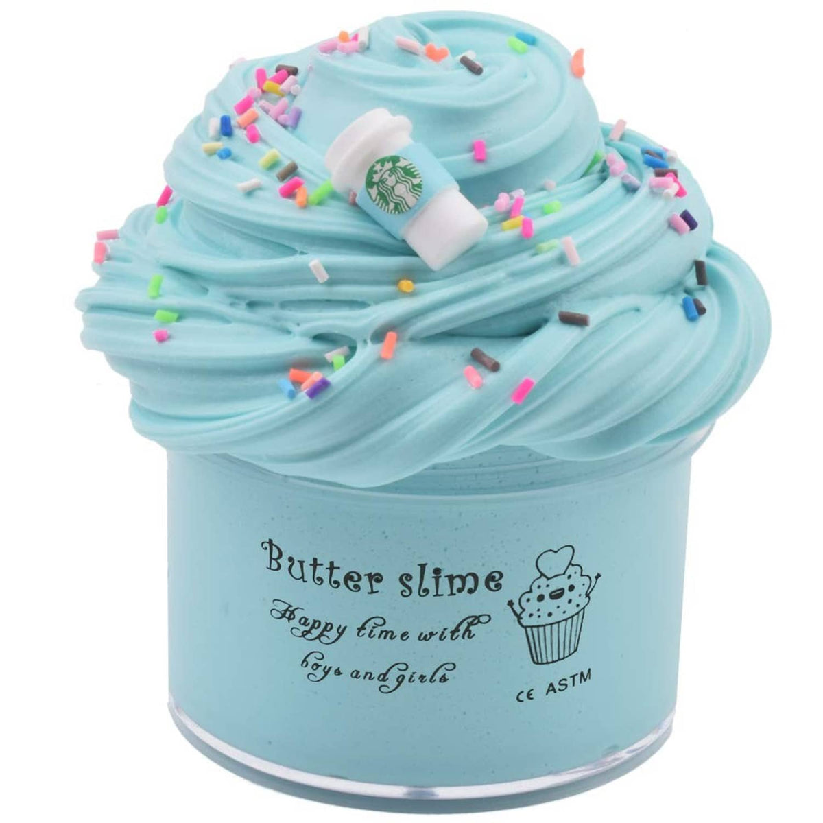 Light blue slime in a labeled butter slime jar with white cup charm and sprinkles