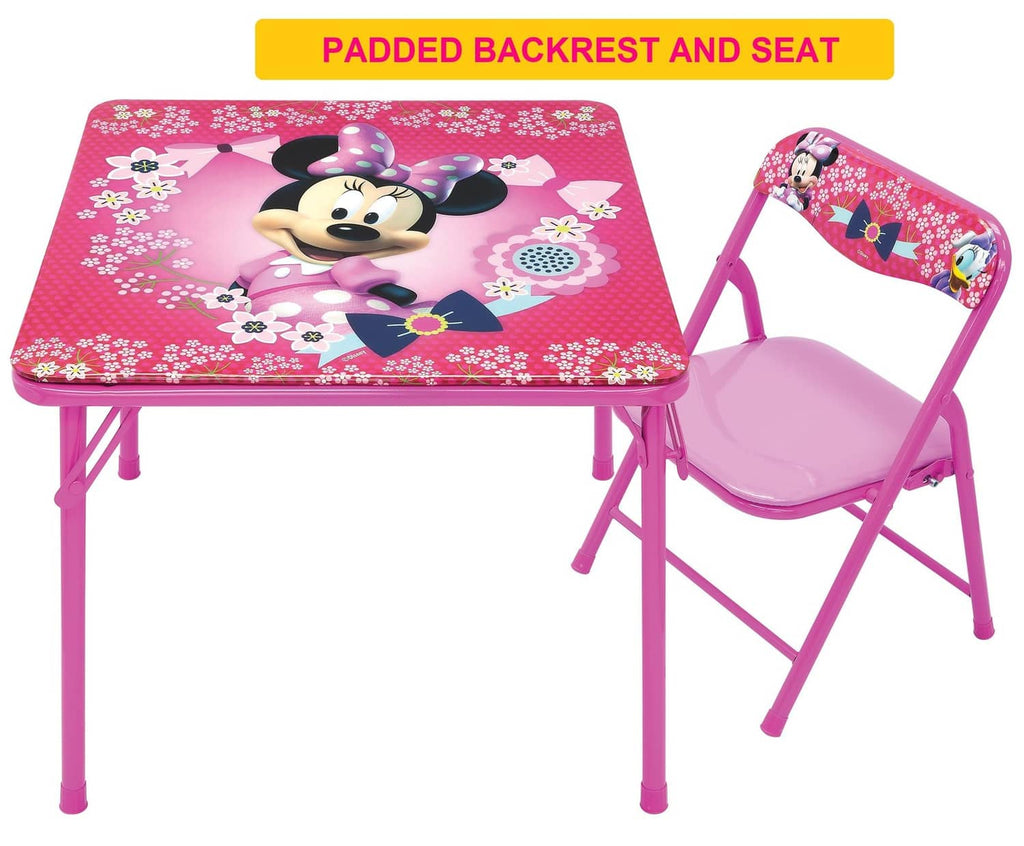 Pink Minnie Mouse activity table with matching padded chair and rounded tabletop