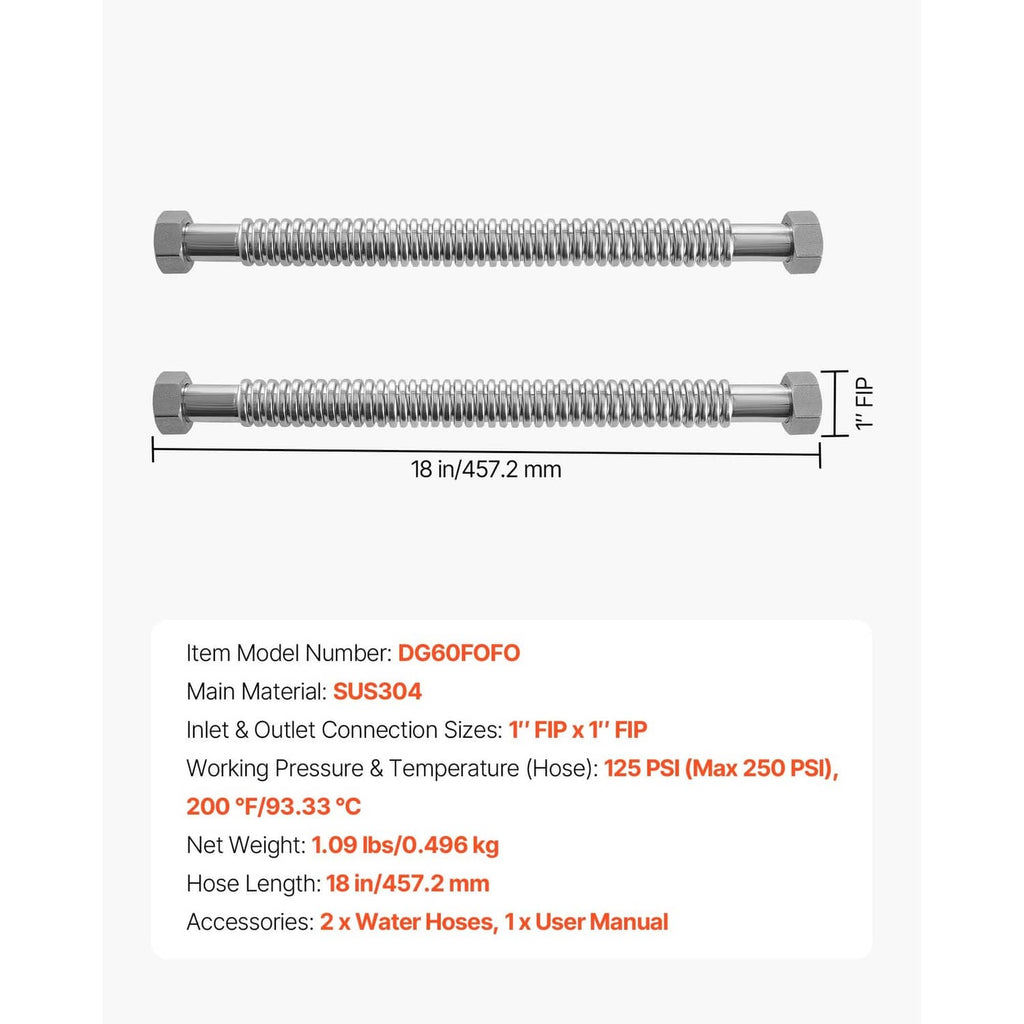 Pair of stainless steel flex connector hoses with 18 in/457.2 mm length markings