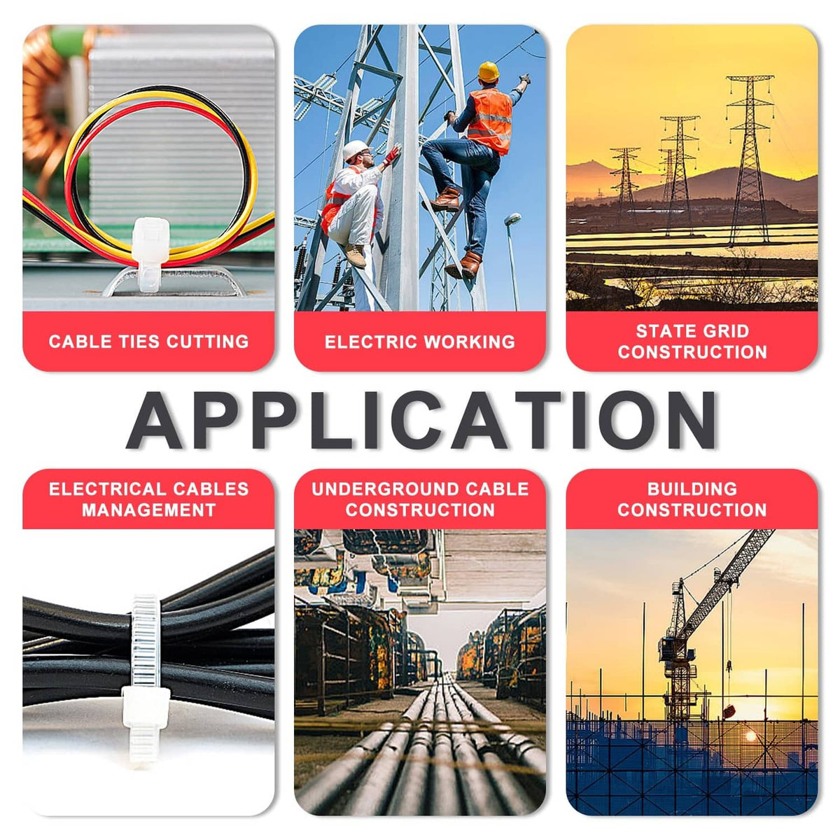 Cable tie gun application collage showing use cases for cables and construction