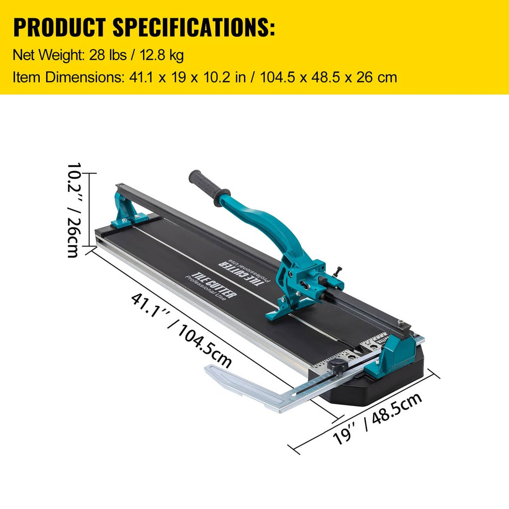 Tile cutter tool with teal-and-black frame; length and width dimensions shown