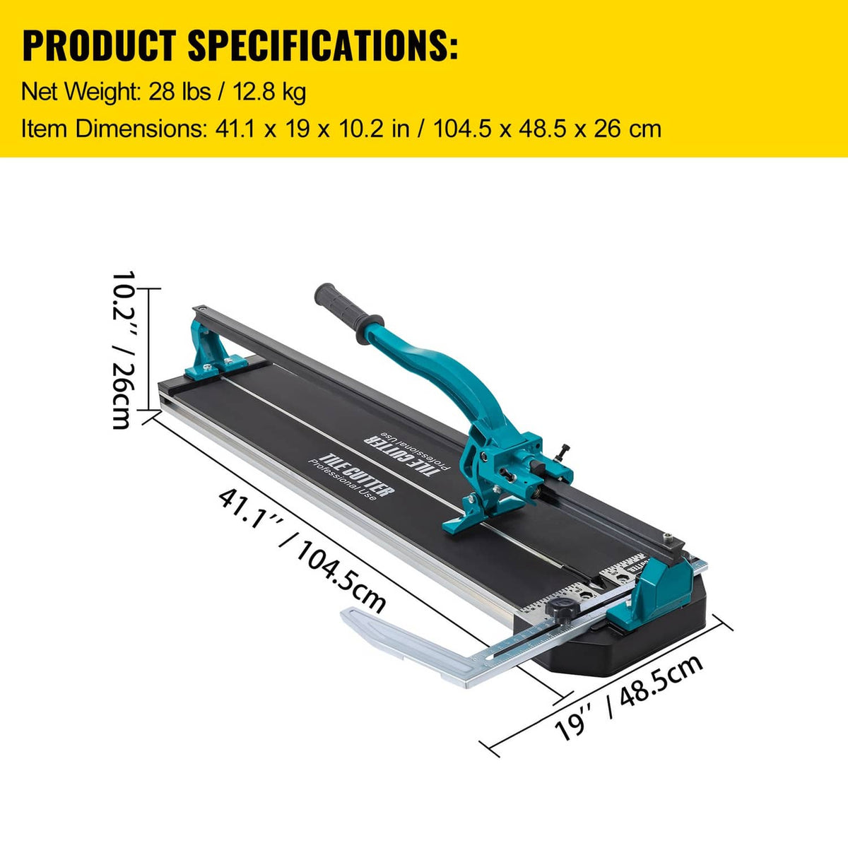 Tile cutter tool with teal-and-black frame; length and width dimensions shown