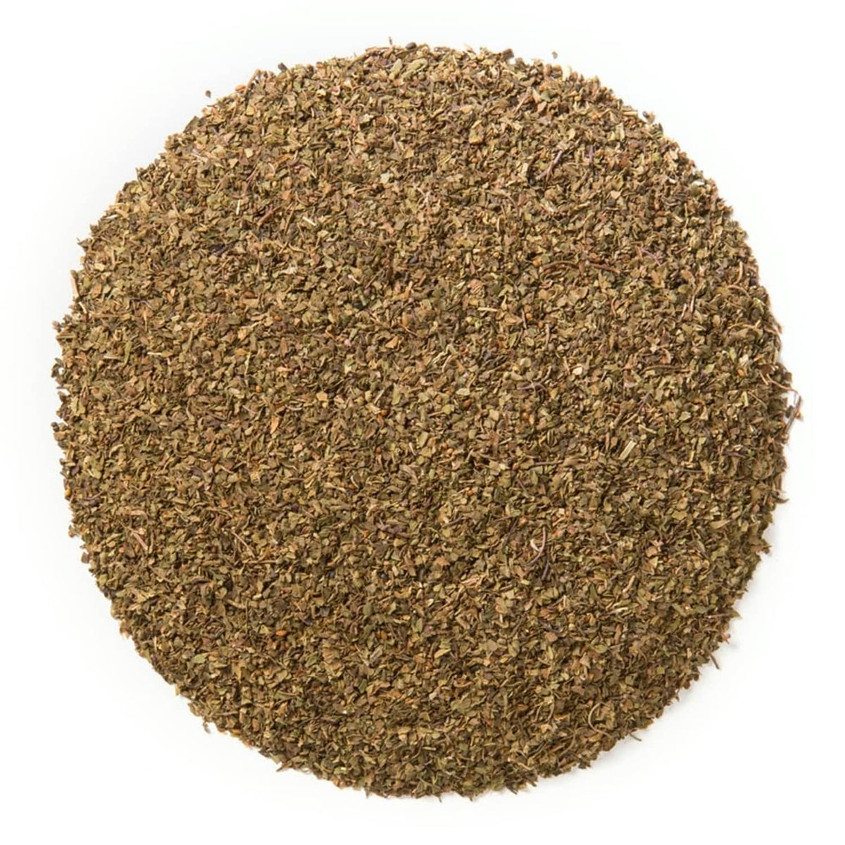 Loose leaf tulsi tea blend with coarse dried leaves, natural green-brown color.