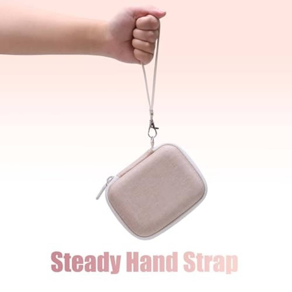 Beige zippered speaker case with hanging strap, compact square protective shell