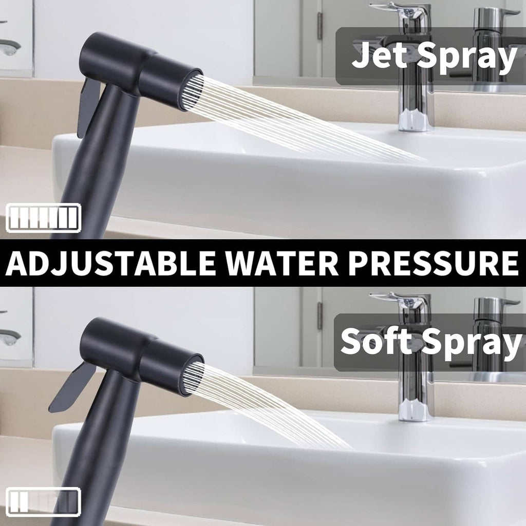 Black handheld bidet sprayer spraying a jet stream from adjustable nozzle head