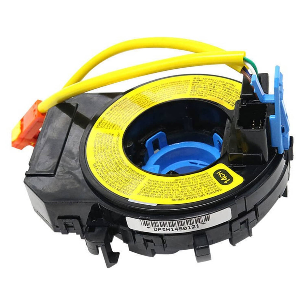 Clock spring spiral cable close-up with black housing, yellow label, and blue inner ring