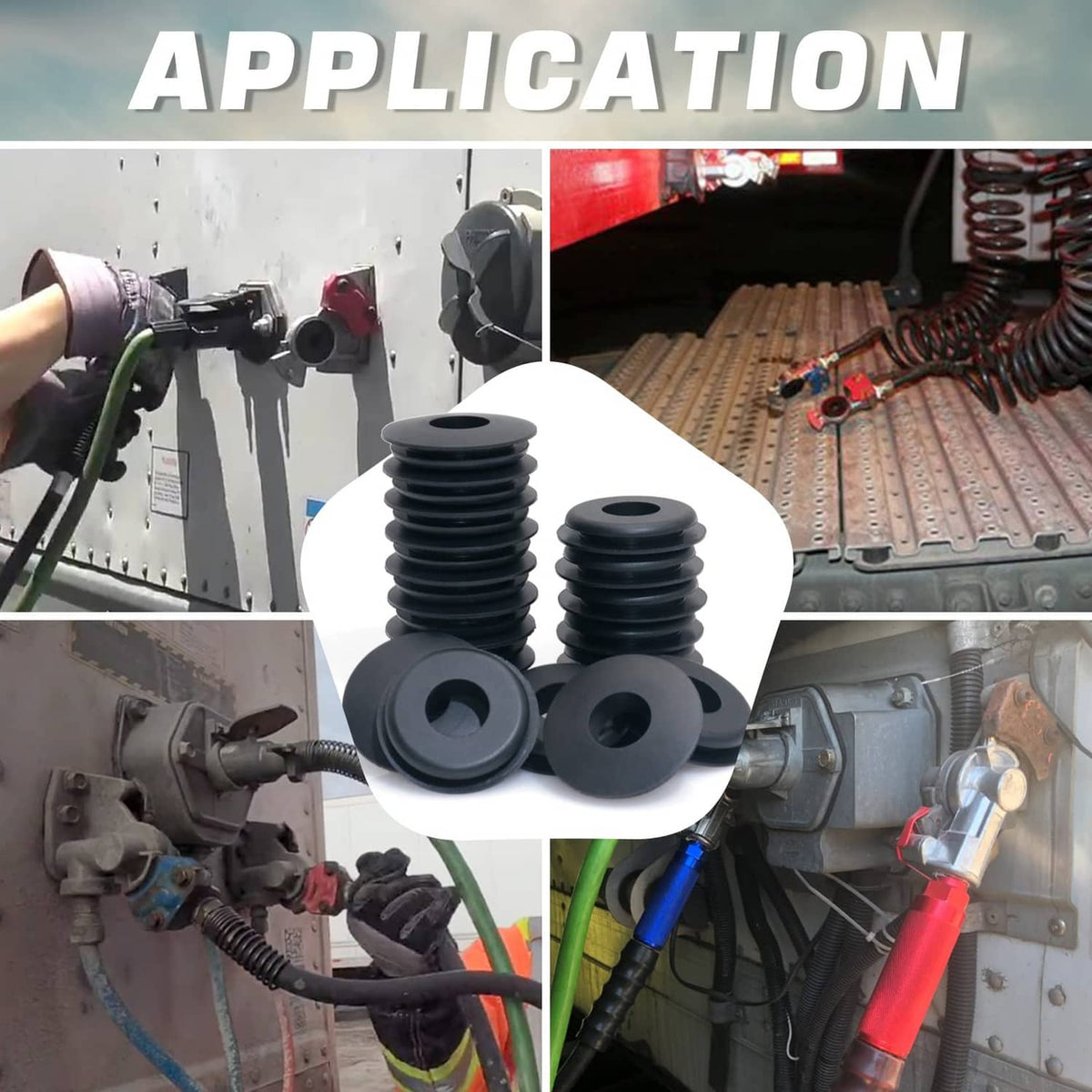Black rubber glad hand seal gaskets mounted on a truck glad hand connection