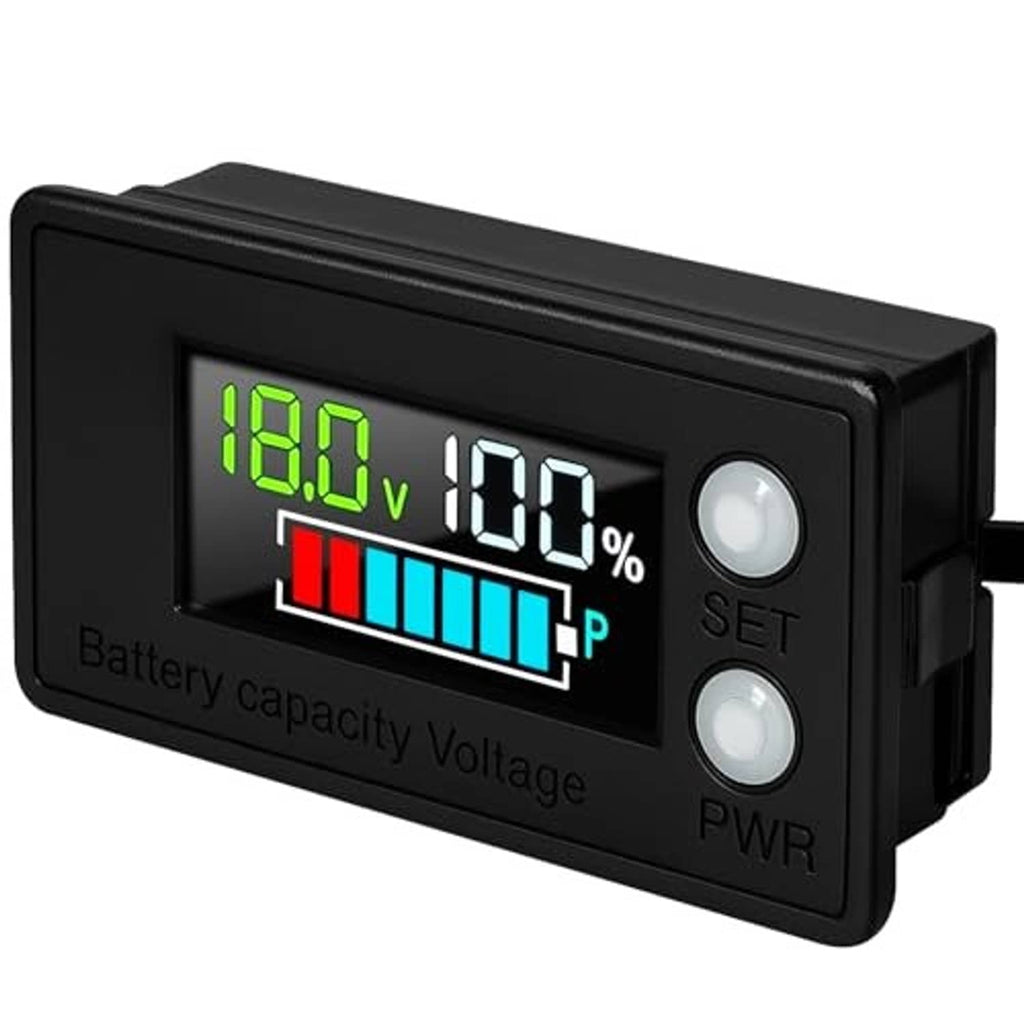 Waterproof battery monitor LCD with 18.0V and 100% bar, black housing, SET and PWR buttons