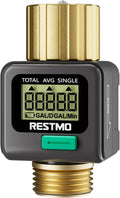 Water flow meter with brass top housing and LCD display, RESTMO branding and green button