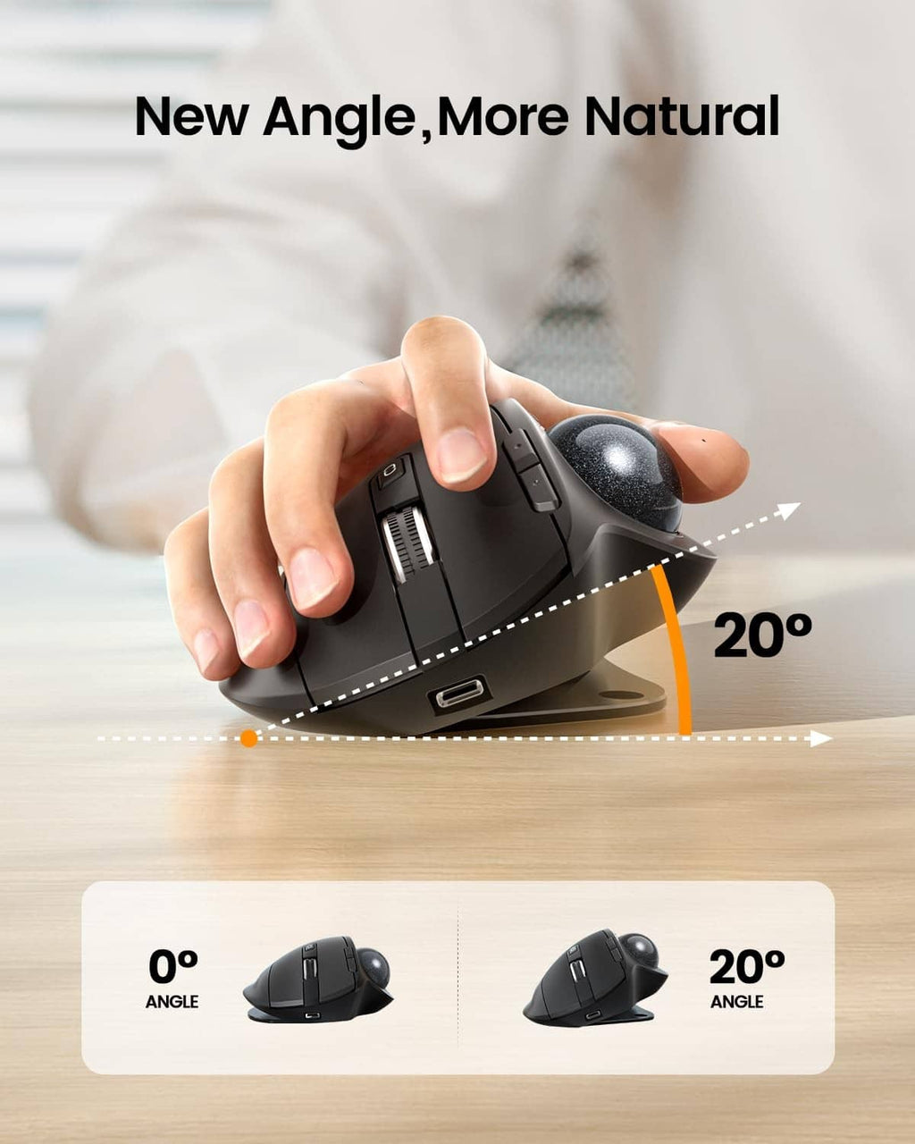 Wireless ergonomic trackball mouse in hand position with side buttons and scroll wheel