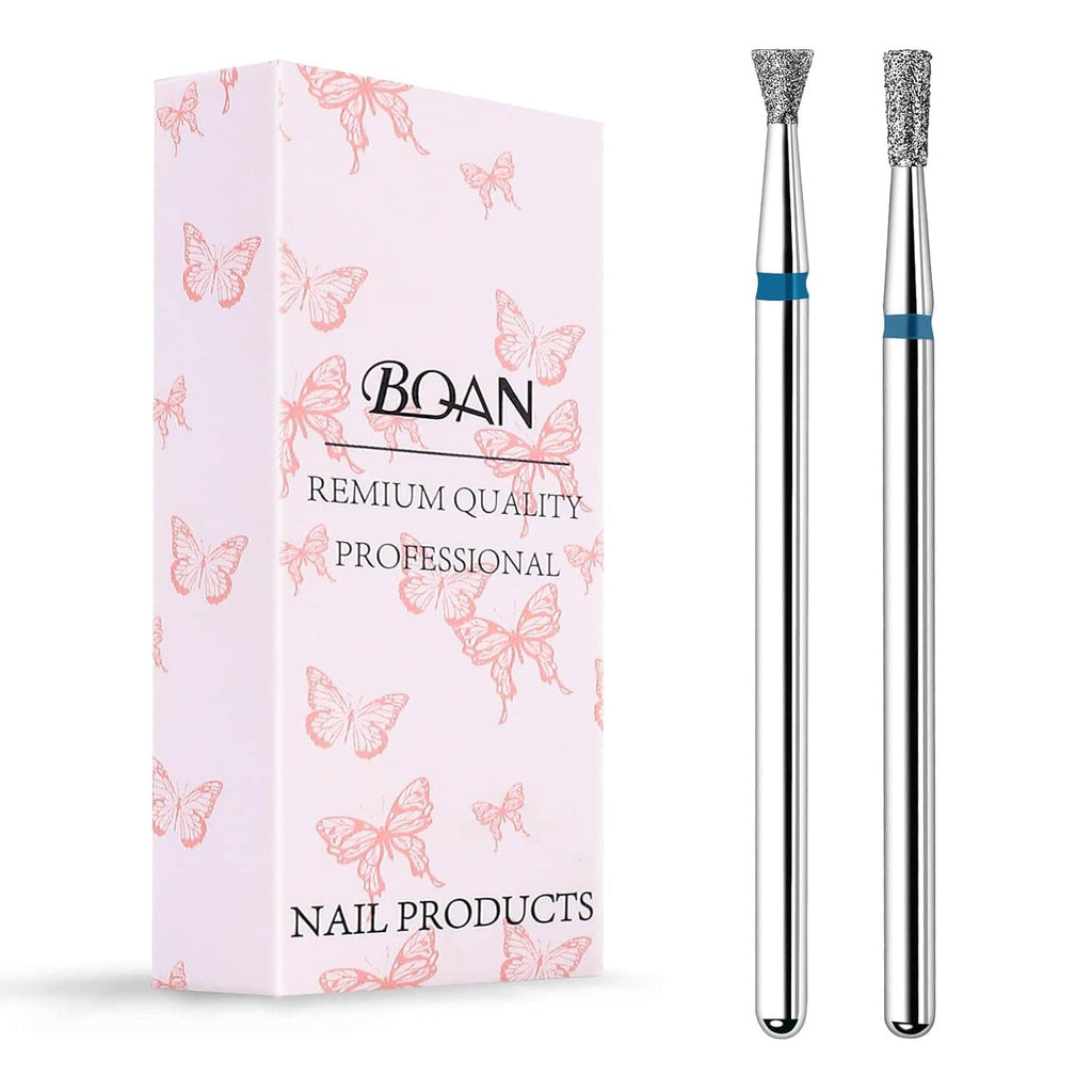 Diamond nail drill bit set with two silver cone heads and blue ring collar, plus box