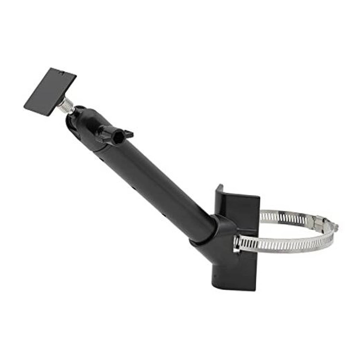 Black solar panel pole mount with clamp ring and side bracket for pole attachment