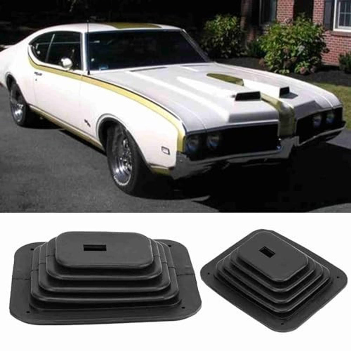 Black rubber shifter boot cover with ribbed sides and rectangular cutout