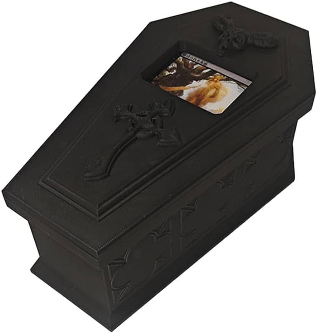 Black coffin-style deck box with embossed side scrollwork and top decorative emblem