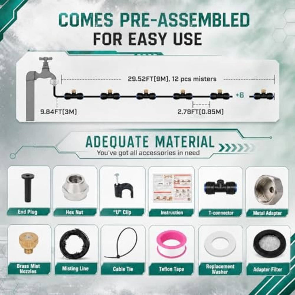 Misting system accessory set diagram with end plugs, connectors, washers, and nozzles