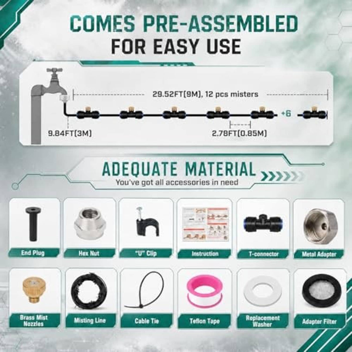 Misting system accessory set diagram with end plugs, connectors, washers, and nozzles
