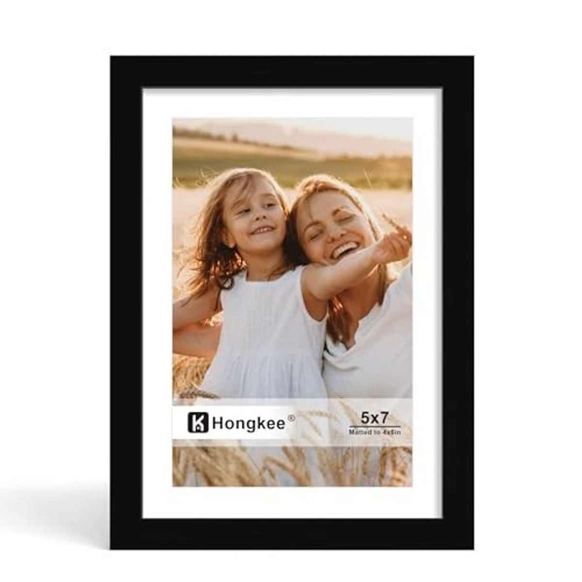 Front view of black 5x7 solid wood photo frame with real glass and photo insert